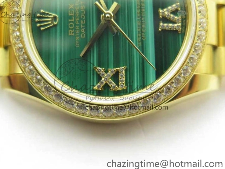 MiroTime 0305 Versatile Daydate 278288 31mm YG EWF Best Edition Green Malachite Dial Crystal Markers on YG President Bracelet ETA 2606